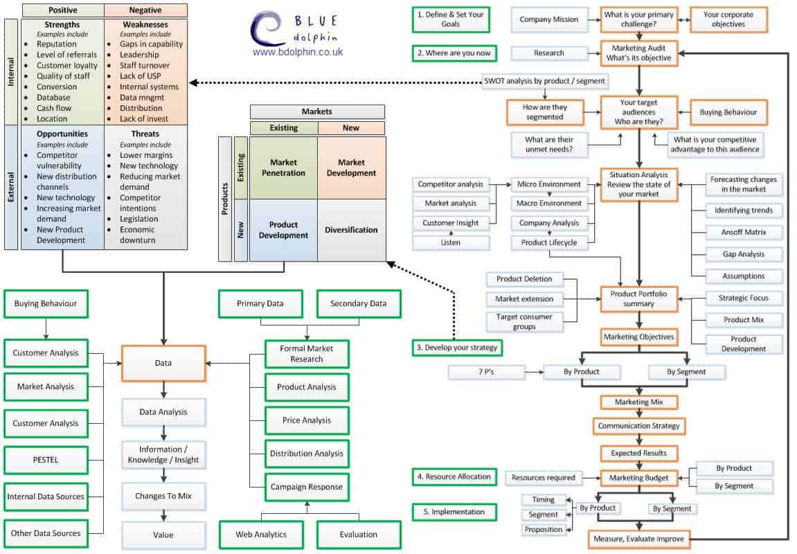 marketing plan diagram with logo blue dolphin business development