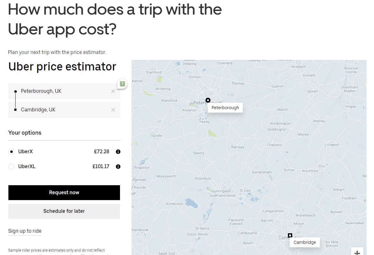 pricing on the website Uber example