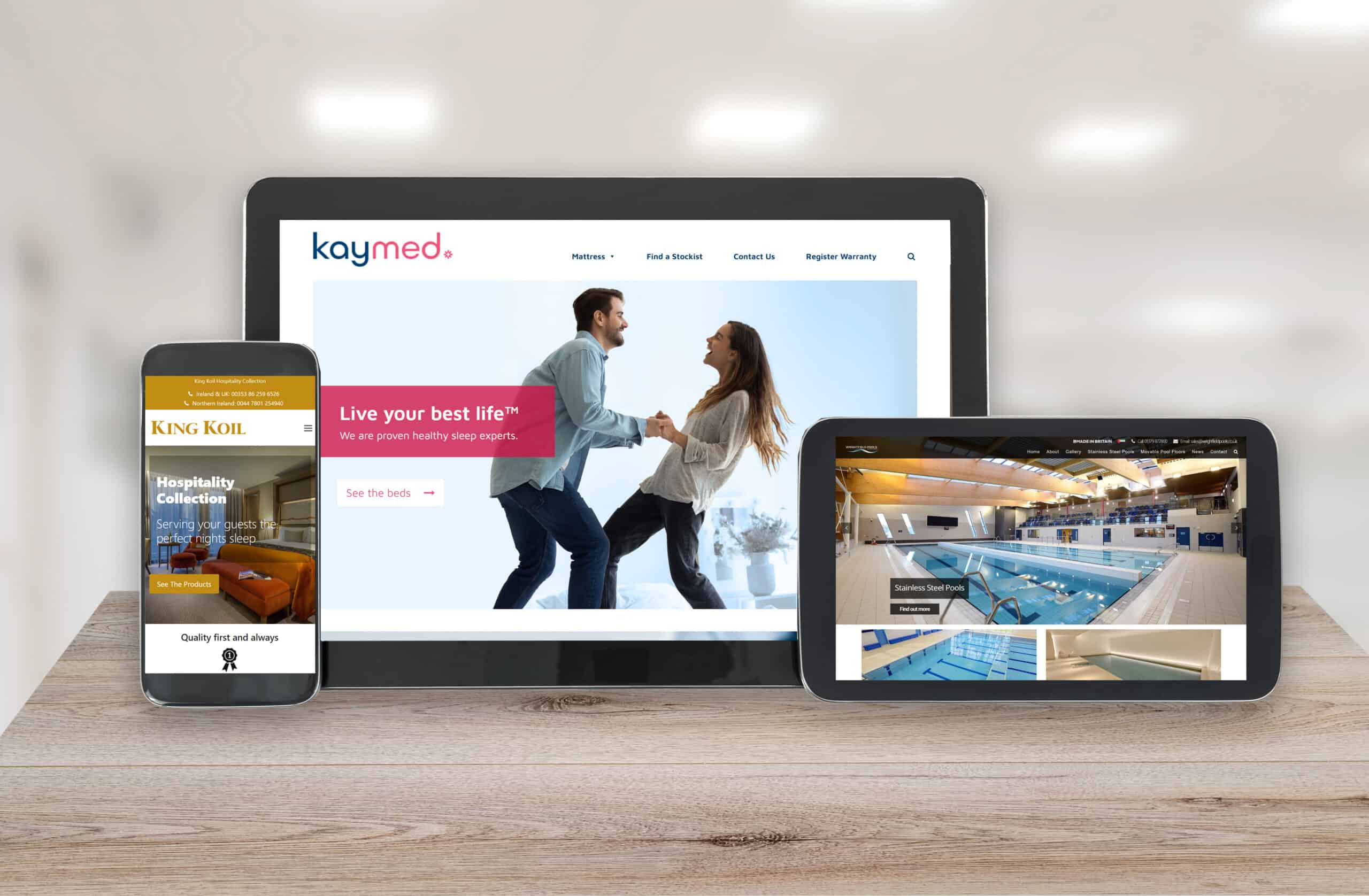 website projects Responsive website design kaymed, king koil hotel and wrightfield pools web design blue dolphin