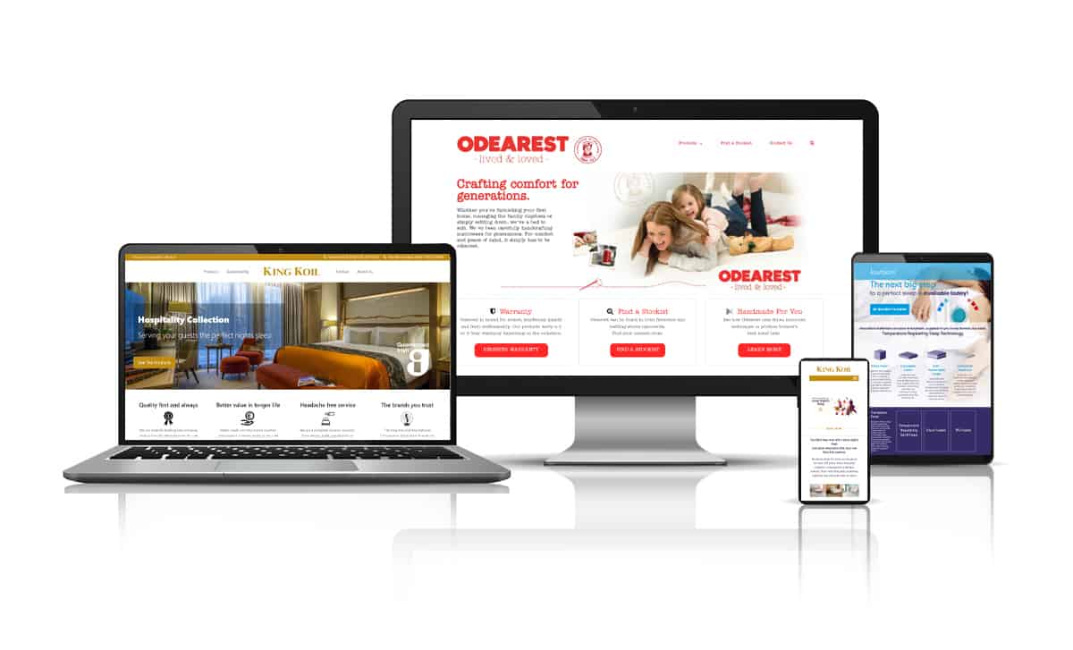 odearest, king koil hotel, kayfoam and kingkoil websites on devices web design blue dolphin